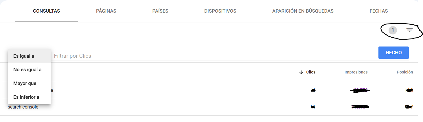 filtrado por columnas search console